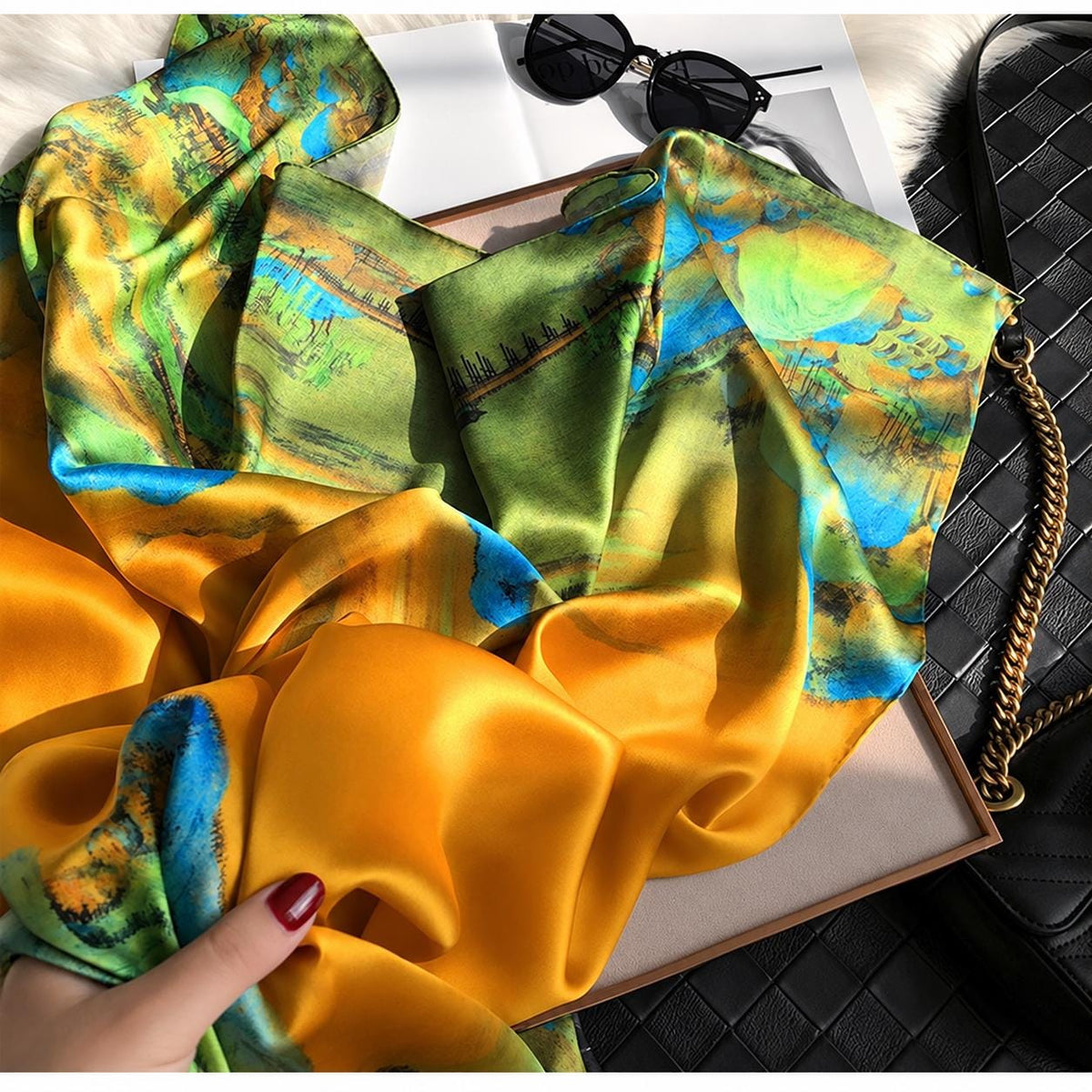 100% Mulberry Silk Scarf 43"x43" 110x110cm, Chinese Landscape Square Scarf, Elegant Oriental Art Silk Shawl, Women's Spring Fall Wrap