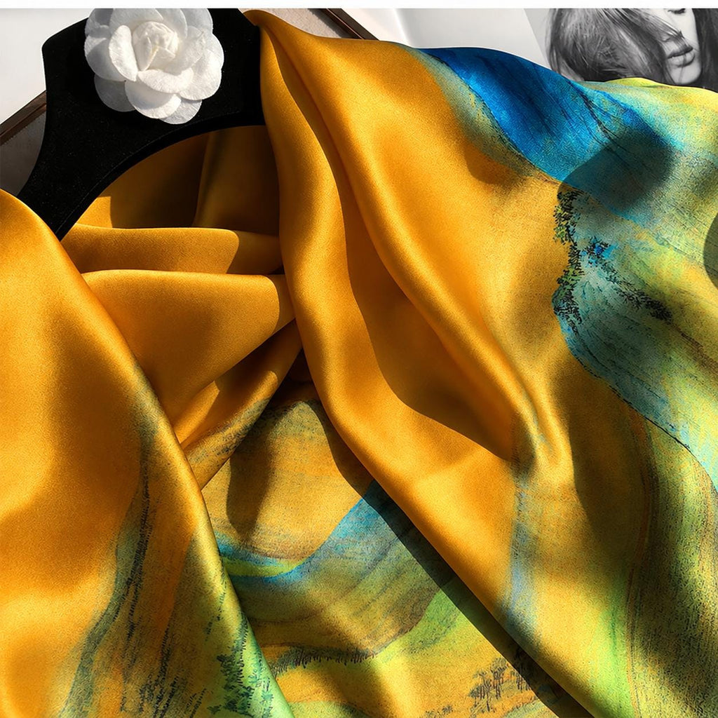 100% Mulberry Silk Scarf 43"x43" 110x110cm, Chinese Landscape Square Scarf, Elegant Oriental Art Silk Shawl, Women's Spring Fall Wrap
