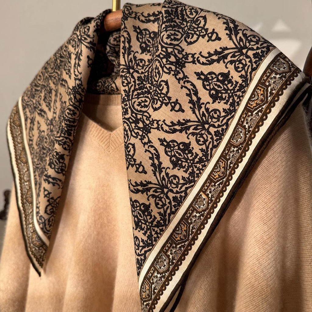 Silk Wool Scarf 26”x26” 65x65cm, Mocha Leopard Square Scarf, Italian Vintage Silk Wool Neck Scarf, Women’s Winter Accessory
