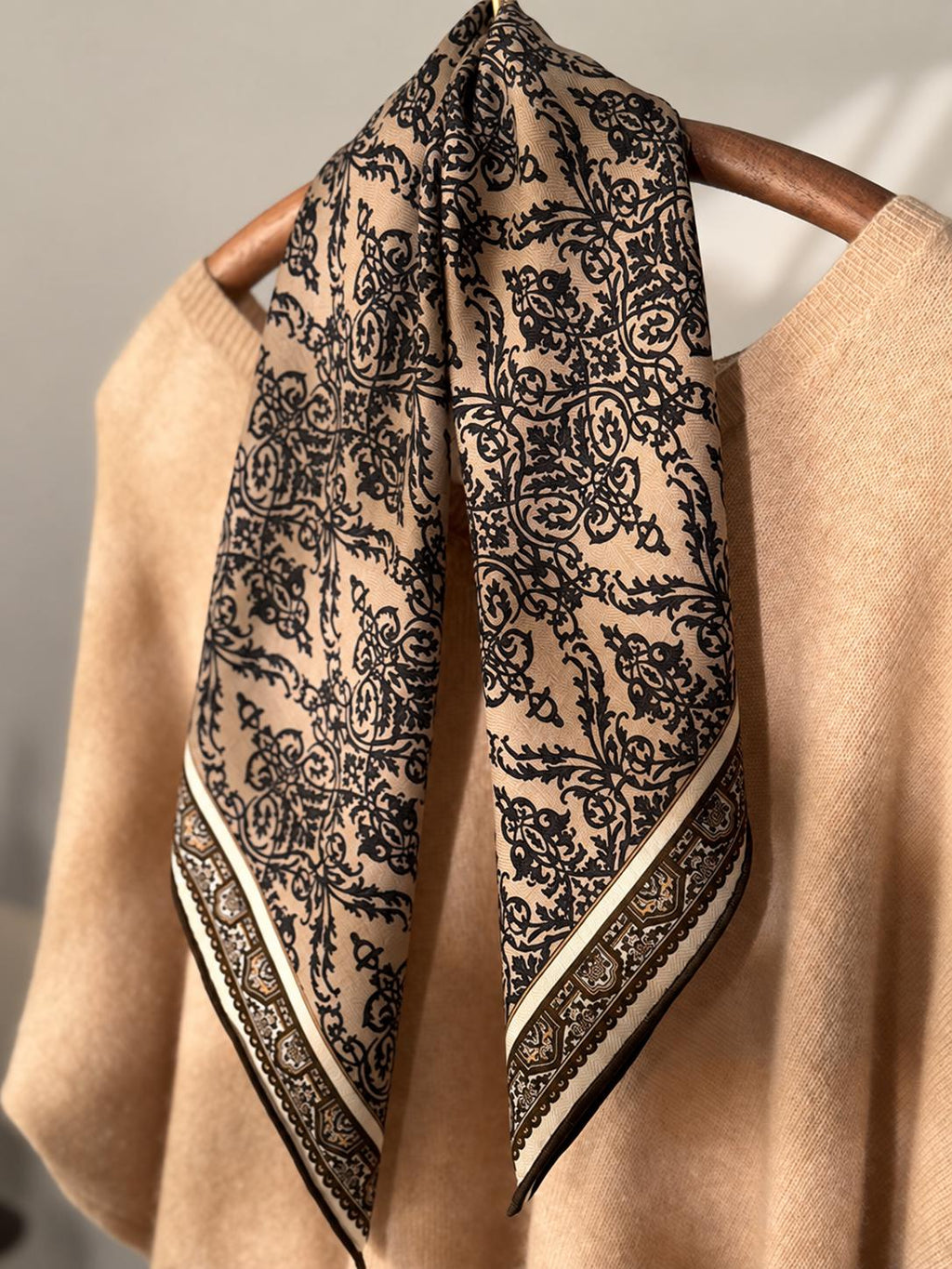 Silk Wool Scarf 26”x26” 65x65cm, Mocha Leopard Square Scarf, Italian Vintage Silk Wool Neck Scarf, Women’s Winter Accessory