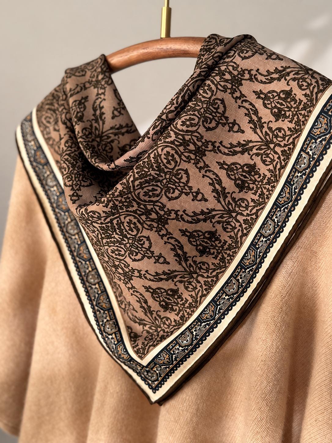 Silk Wool Scarf 26”x26” 65x65cm, Mocha Leopard Square Scarf, Italian Vintage Silk Wool Neck Scarf, Women’s Winter Accessory