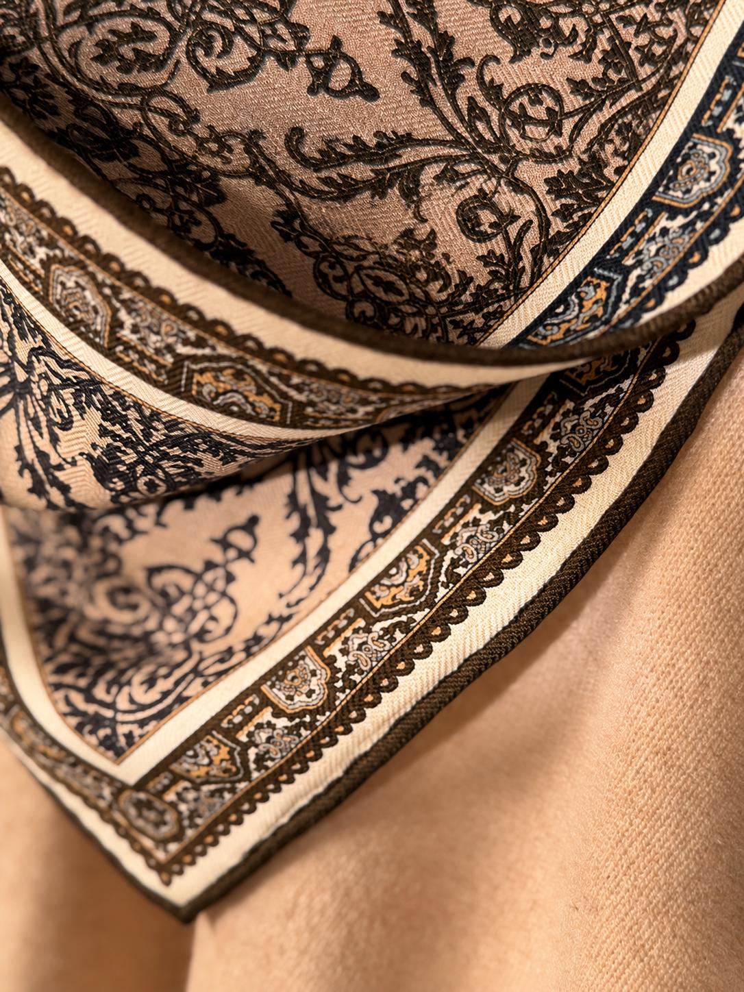 Silk Wool Scarf 26”x26” 65x65cm, Mocha Leopard Square Scarf, Italian Vintage Silk Wool Neck Scarf, Women’s Winter Accessory