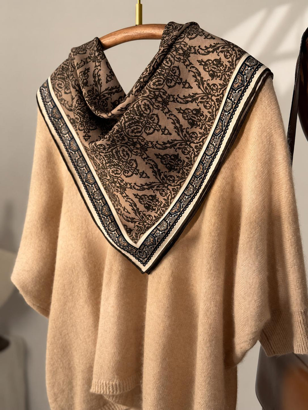 Silk Wool Scarf 26”x26” 65x65cm, Mocha Leopard Square Scarf, Italian Vintage Silk Wool Neck Scarf, Women’s Winter Accessory