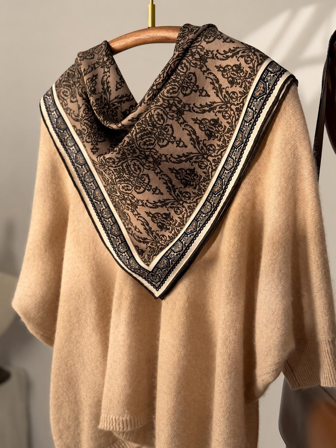 Silk Wool Scarf 26”x26” 65x65cm, Mocha Leopard Square Scarf, Italian Vintage Silk Wool Neck Scarf, Women’s Winter Accessory