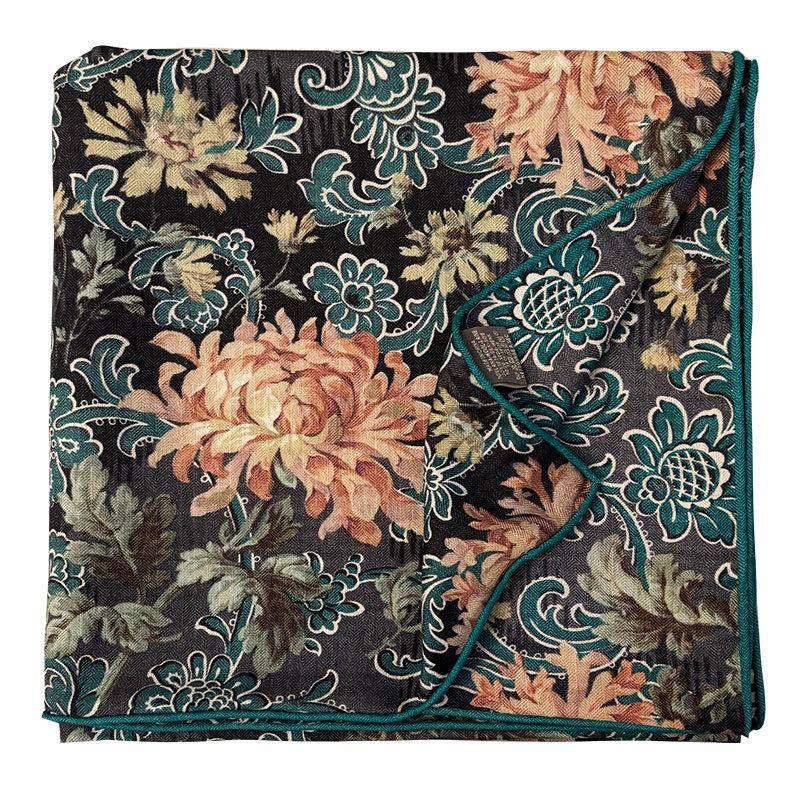 Silk Wool Scarf 53"x53" 135x135cm, Italian Medieval Art Square Scarf, Vintage Luxury Silk Wool Shawl, Women's Fall Winter Wrap