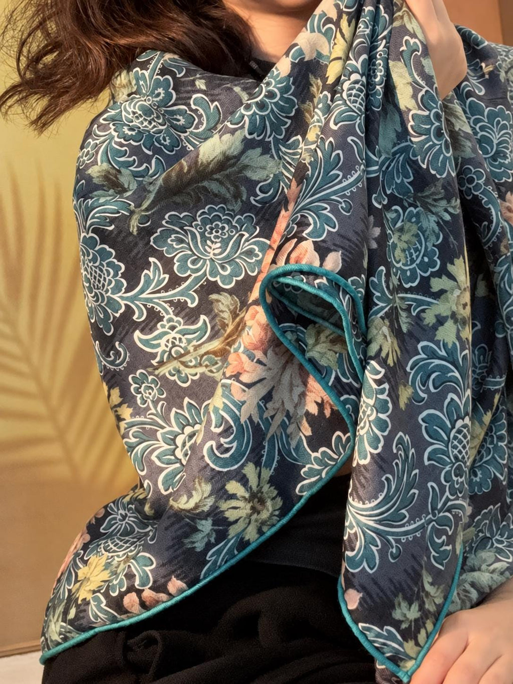 Silk Wool Scarf 53"x53" 135x135cm, Italian Medieval Art Square Scarf, Vintage Luxury Silk Wool Shawl, Women's Fall Winter Wrap
