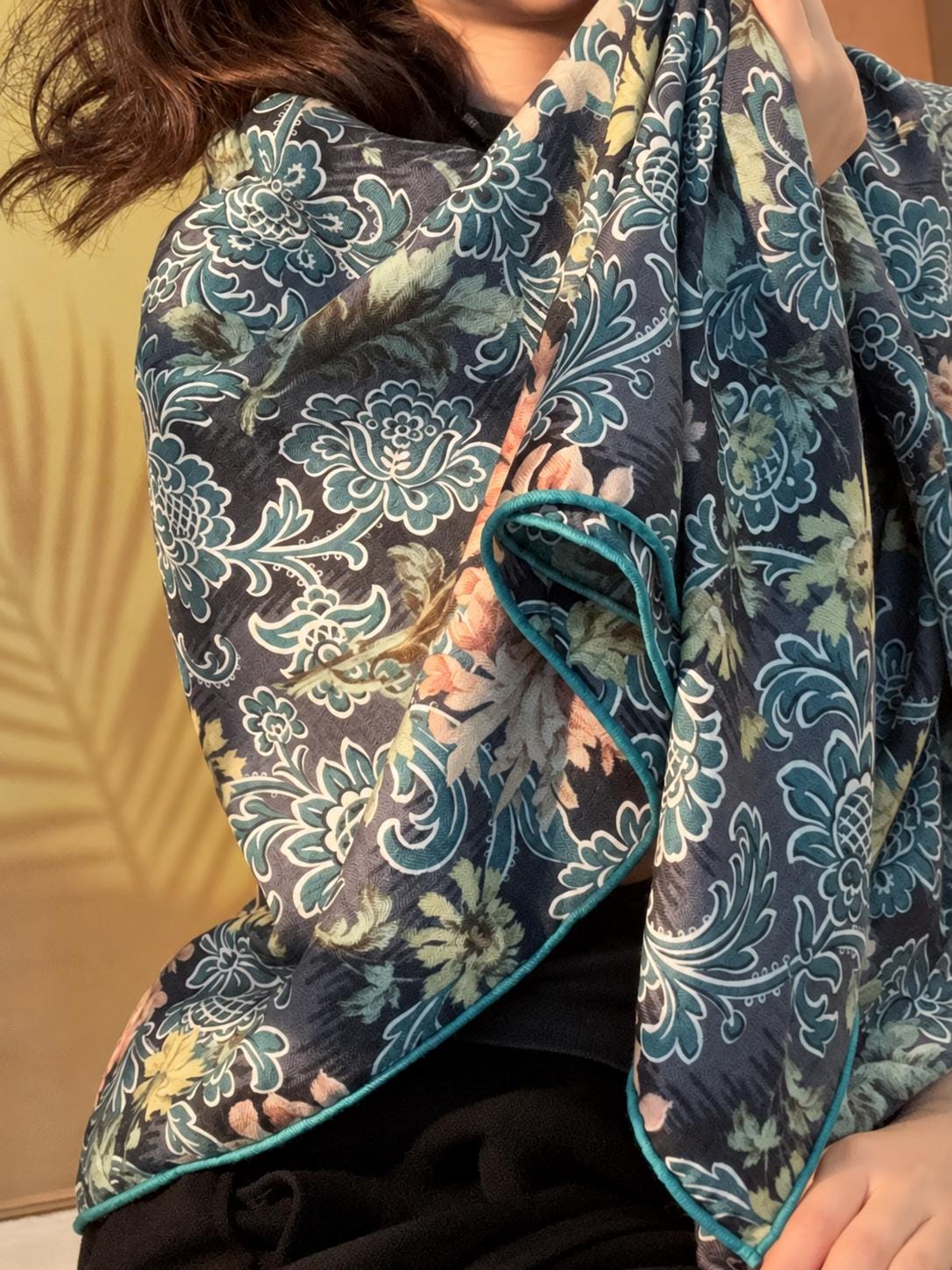 Silk Wool Scarf 53"x53" 135x135cm, Italian Medieval Art Square Scarf, Vintage Luxury Silk Wool Shawl, Women's Fall Winter Wrap