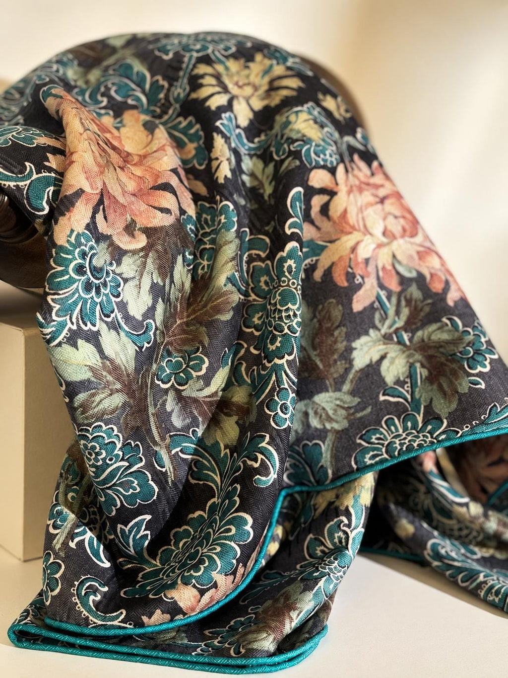 Silk Wool Scarf 53"x53" 135x135cm, Italian Medieval Art Square Scarf, Vintage Luxury Silk Wool Shawl, Women's Fall Winter Wrap