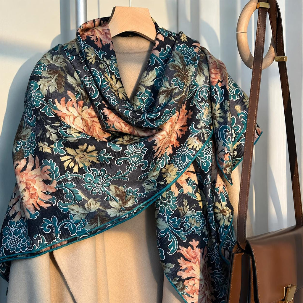 Silk Wool Scarf 53"x53" 135x135cm, Italian Medieval Art Square Scarf, Vintage Luxury Silk Wool Shawl, Women's Fall Winter Wrap