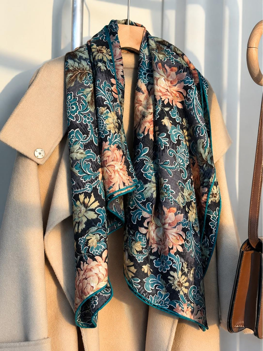 Silk Wool Scarf 53"x53" 135x135cm, Italian Medieval Art Square Scarf, Vintage Luxury Silk Wool Shawl, Women's Fall Winter Wrap