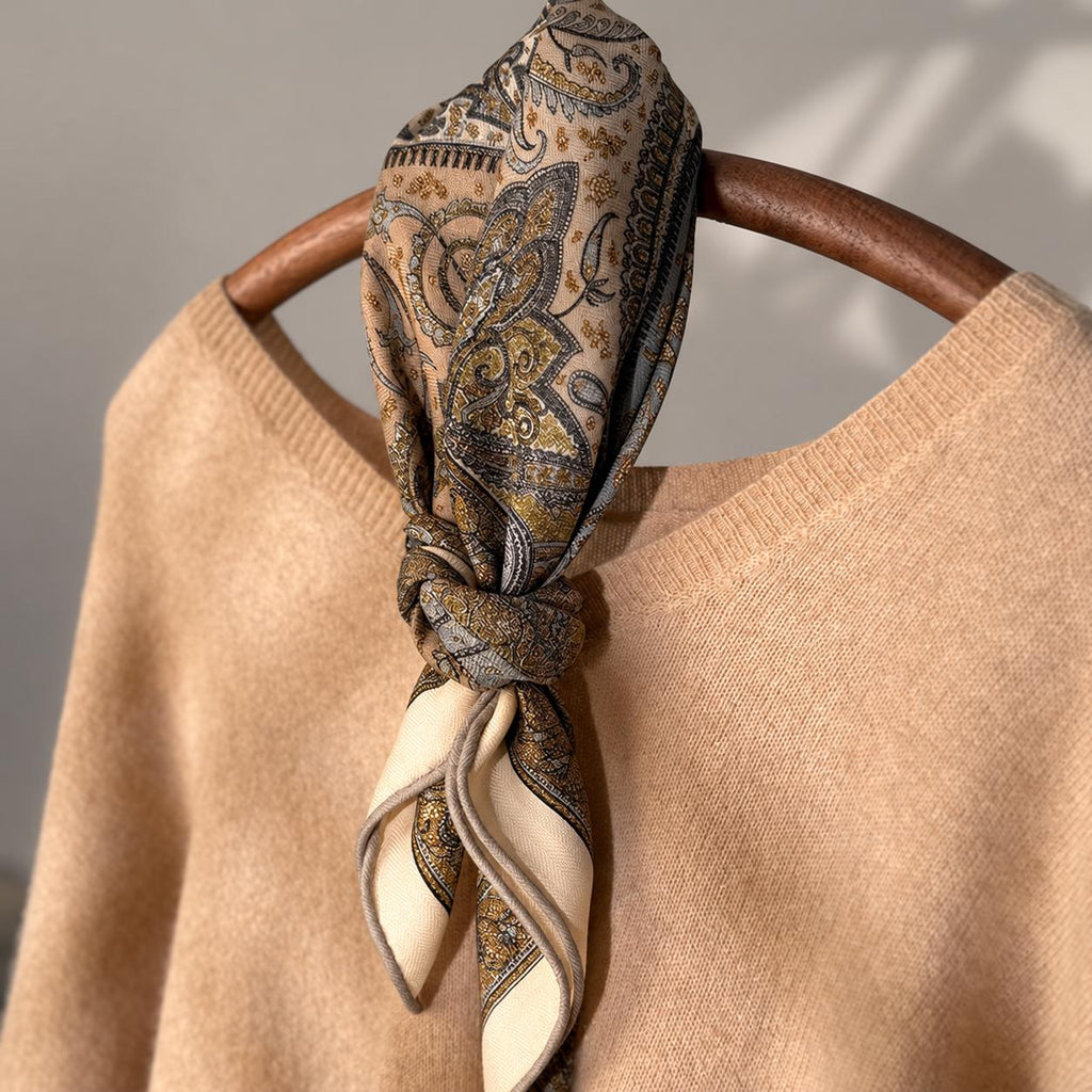 Silk Wool Scarf 26"x26" 65x65cm, Italian Paisley Square Scarf, Double Sided Silk Wool Neck Scarf, Vintage Court Style Women's Wrap