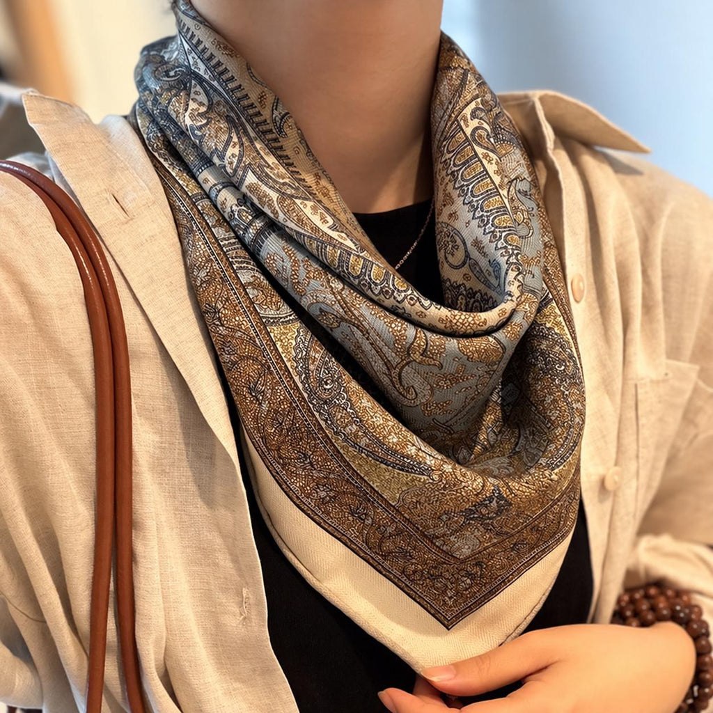 Silk Wool Scarf 26"x26" 65x65cm, Italian Paisley Square Scarf, Double Sided Silk Wool Neck Scarf, Vintage Court Style Women's Wrap