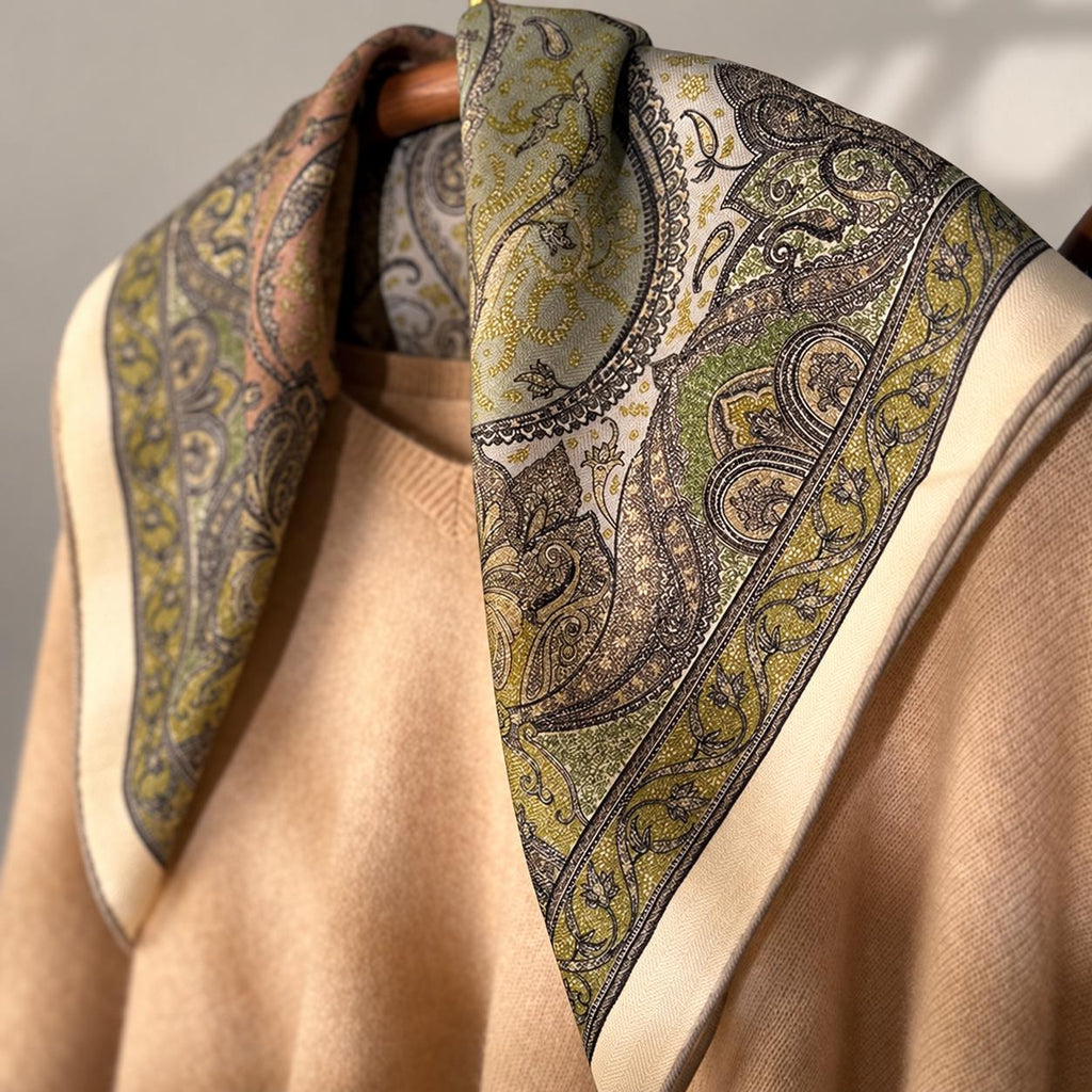 Silk Wool Scarf 26"x26" 65x65cm, Italian Paisley Square Scarf, Double Sided Silk Wool Neck Scarf, Vintage Court Style Women's Wrap