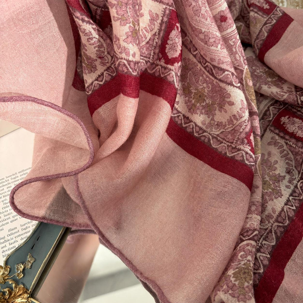 Wool Scarf 53"x53" 135x135cm, Pink Purple Jacquard Square Scarf, Luxury Floral Print Winter Shawl, Elegant Women's Neck Wrap