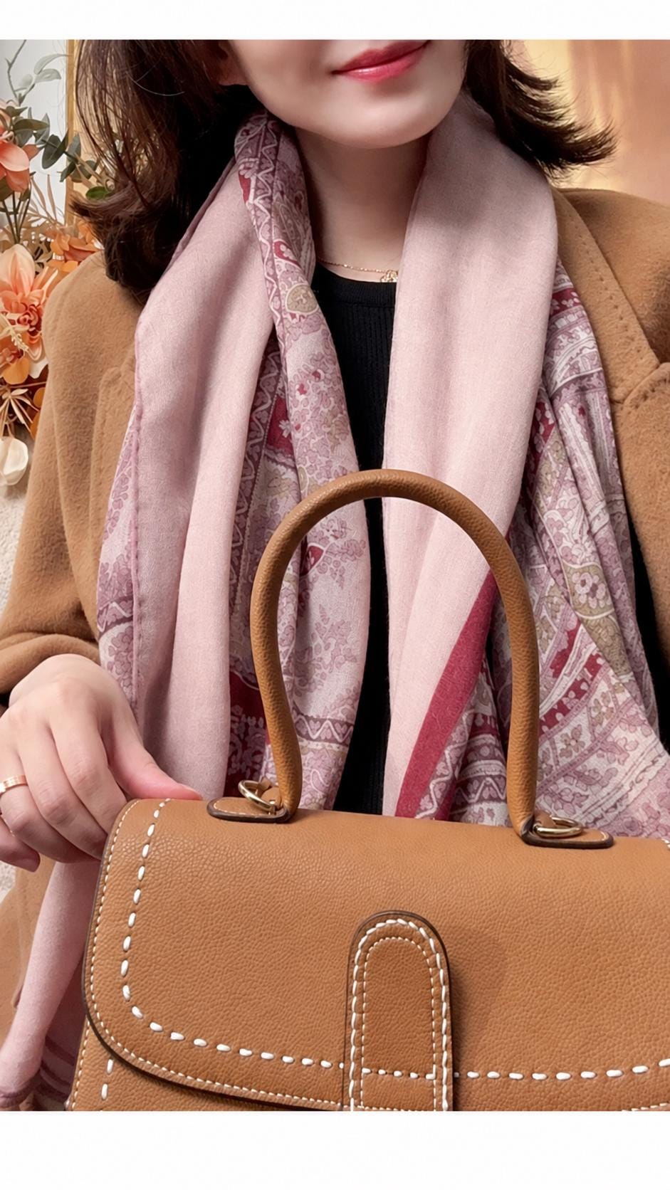 Wool Scarf 53"x53" 135x135cm, Pink Purple Jacquard Square Scarf, Luxury Floral Print Winter Shawl, Elegant Women's Neck Wrap