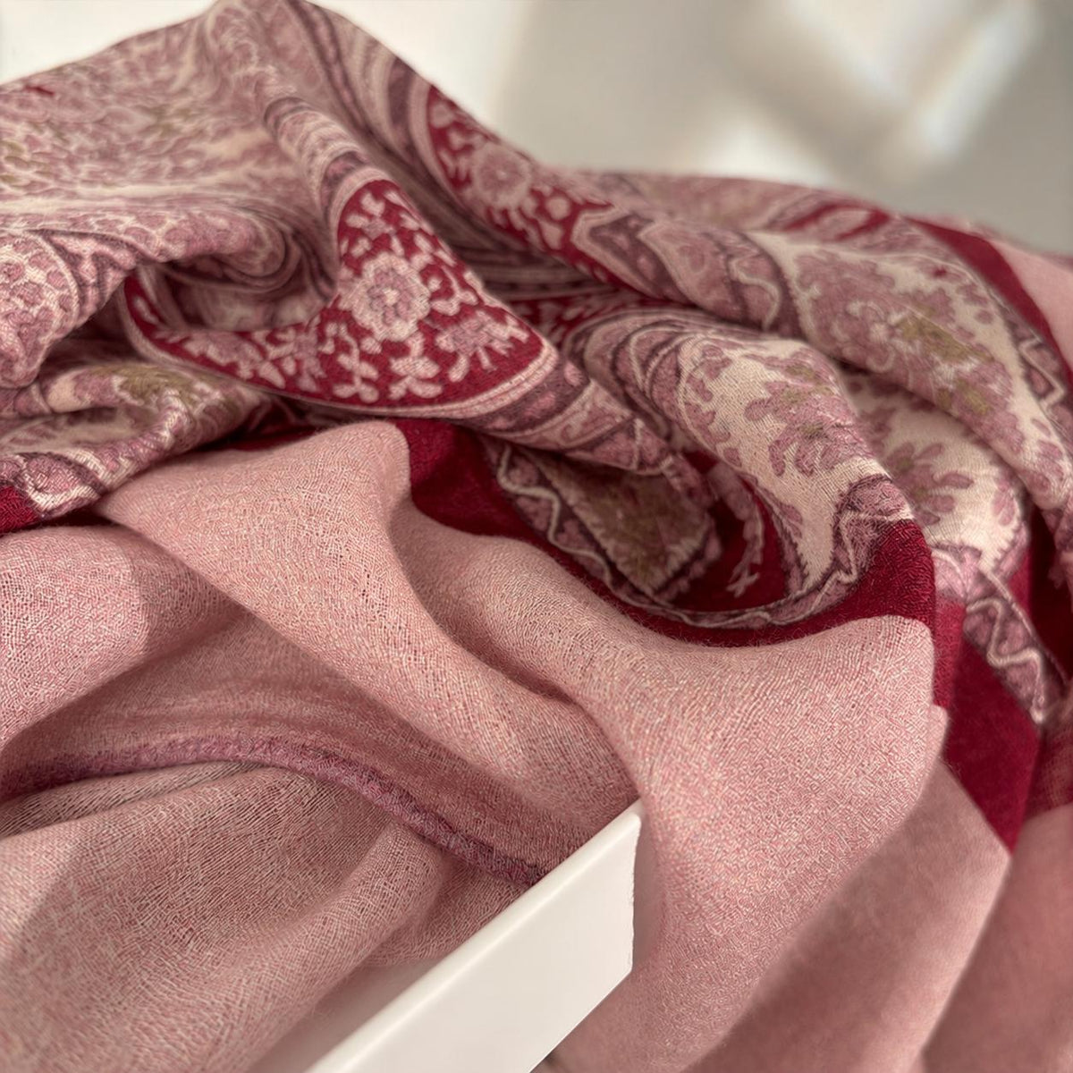 Wool Scarf 53"x53" 135x135cm, Pink Purple Jacquard Square Scarf, Luxury Floral Print Winter Shawl, Elegant Women's Neck Wrap