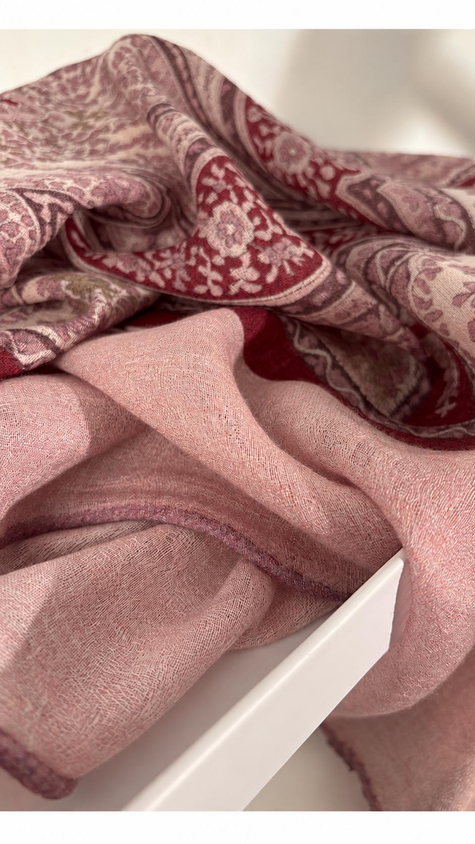 Wool Scarf 53"x53" 135x135cm, Pink Purple Jacquard Square Scarf, Luxury Floral Print Winter Shawl, Elegant Women's Neck Wrap
