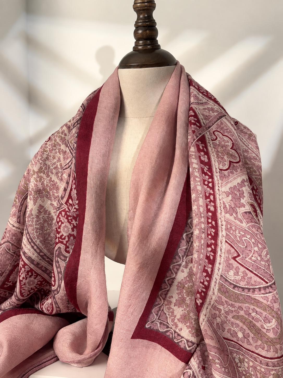 Wool Scarf 53"x53" 135x135cm, Pink Purple Jacquard Square Scarf, Luxury Floral Print Winter Shawl, Elegant Women's Neck Wrap