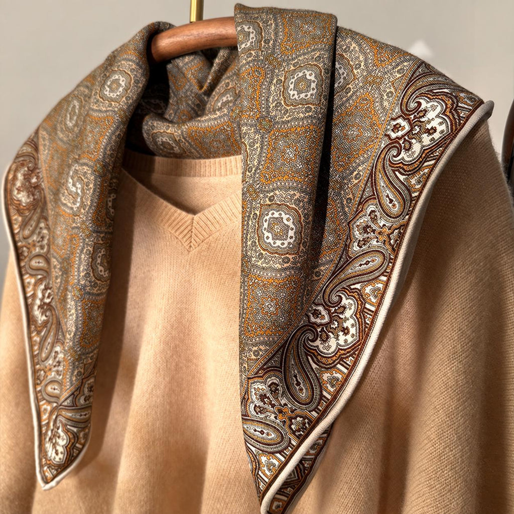 Silk Wool Scarf 26”x26” 65x65cm, Mocha Brown Square Scarf, Classical Silk Wool Neck Scarf, Women’s Fall Winter Accessory
