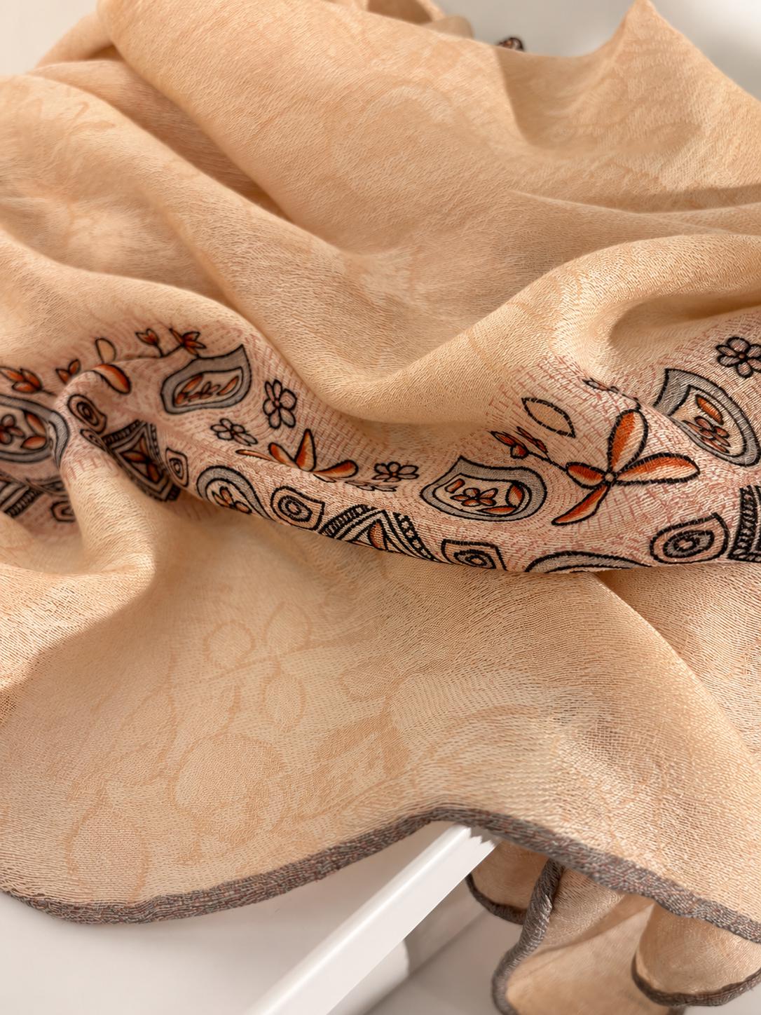 Wool Scarf 53"x53" 135x135cm, Nepal Inspired Vintage Jacquard Square Scarf, Boho Ethnic Winter Shawl, Women's Luxury Wrap