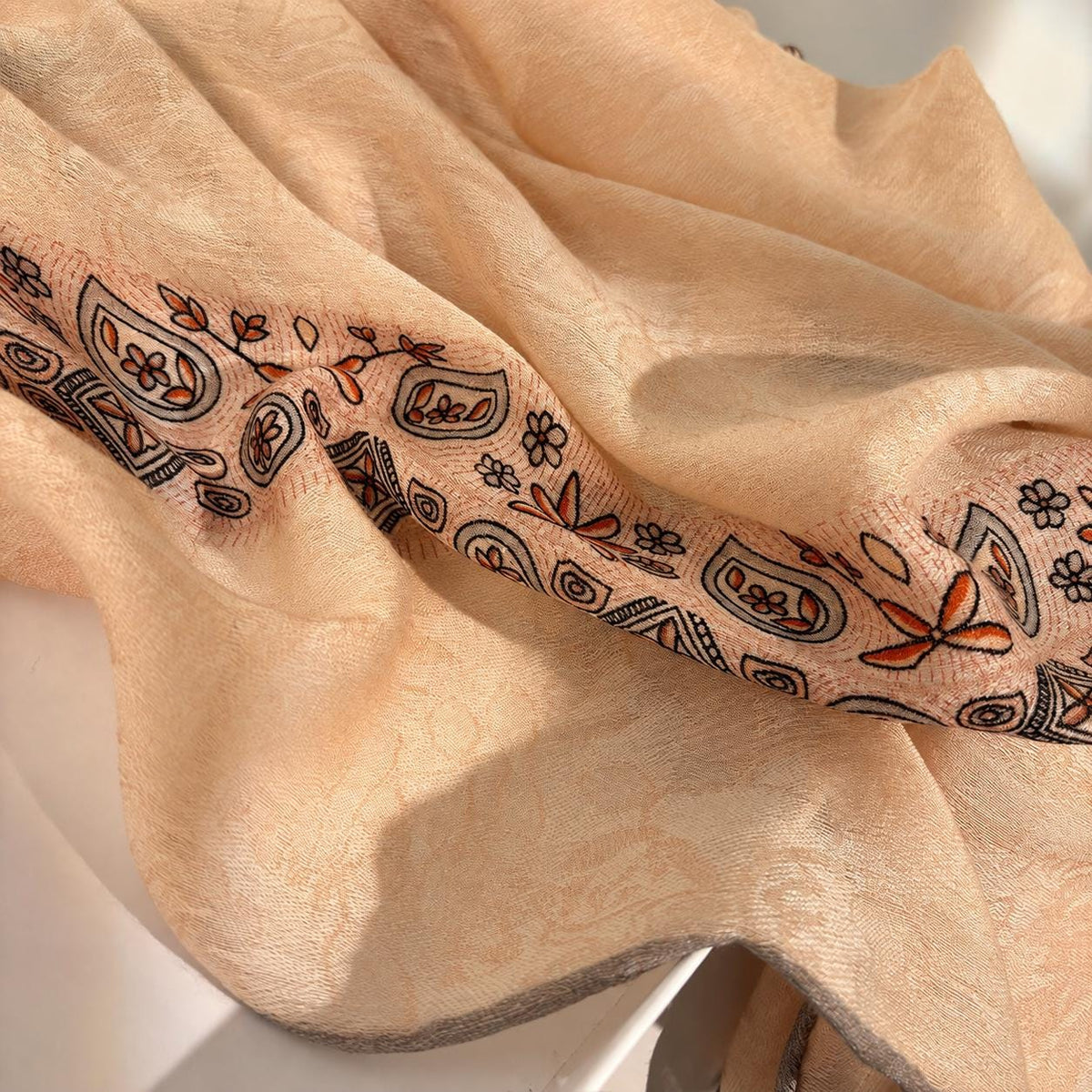 Wool Scarf 53"x53" 135x135cm, Nepal Inspired Vintage Jacquard Square Scarf, Boho Ethnic Winter Shawl, Women's Luxury Wrap