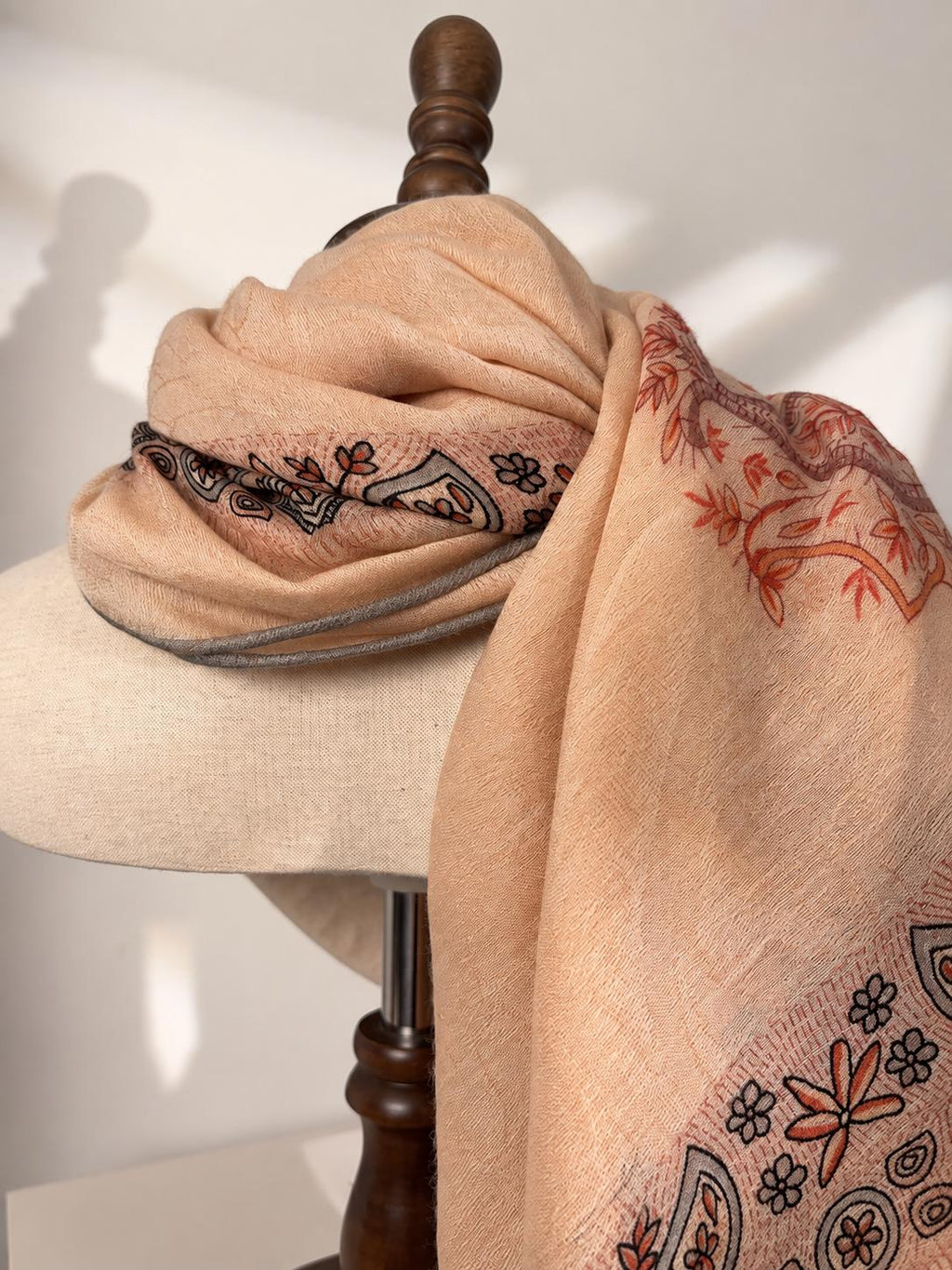 Wool Scarf 53"x53" 135x135cm, Nepal Inspired Vintage Jacquard Square Scarf, Boho Ethnic Winter Shawl, Women's Luxury Wrap