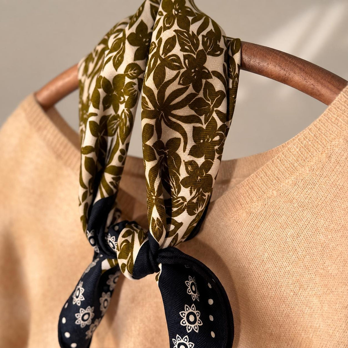Silk Wool Scarf 26”x26” 65x65cm, Blue Floral Double Sided Scarf, Vintage Oil Painting Neck Scarf, Women’s Winter Accessory