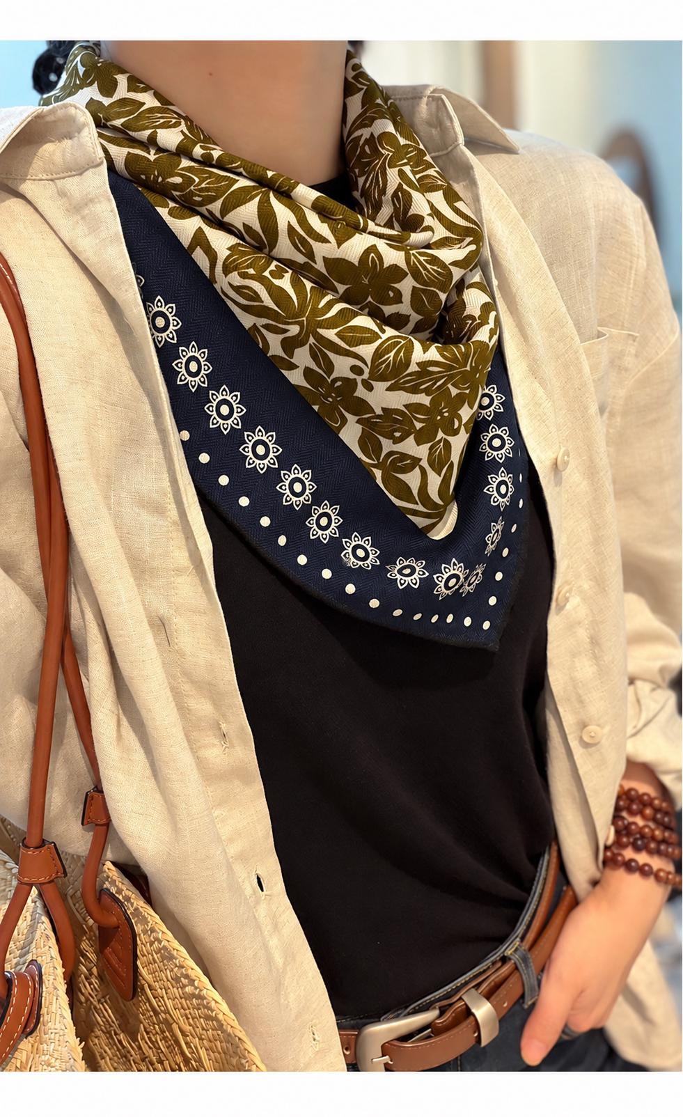 Silk Wool Scarf 26”x26” 65x65cm, Blue Floral Double Sided Scarf, Vintage Oil Painting Neck Scarf, Women’s Winter Accessory