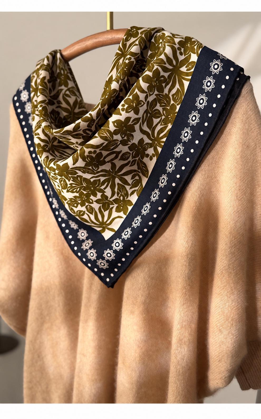 Silk Wool Scarf 26”x26” 65x65cm, Blue Floral Double Sided Scarf, Vintage Oil Painting Neck Scarf, Women’s Winter Accessory