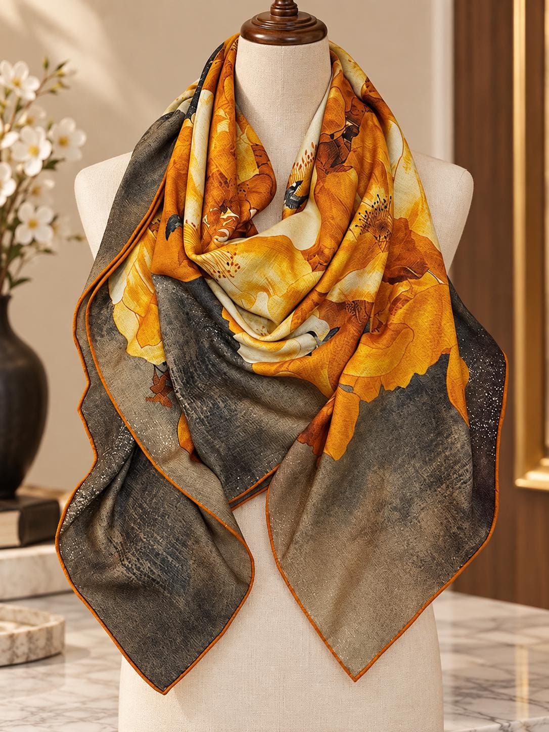 Silk Wool Scarf 53"x53" 135x135cm, Double Sided Two Tone Square Scarf, Korean Style Winter Shawl, Elegant Women's Office Wrap