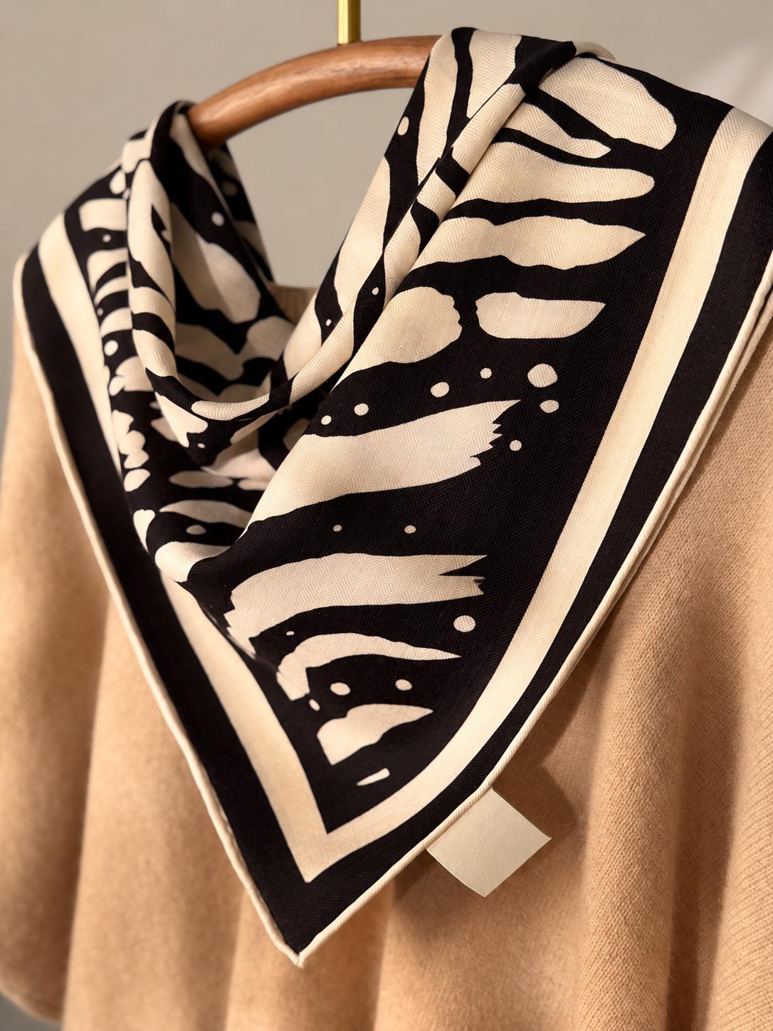 Silk Wool Scarf 26"x26" 65x65cm, Zebra Print Double Sided Scarf, French Style Silk Wool Neck Scarf, Women's Winter Accessory