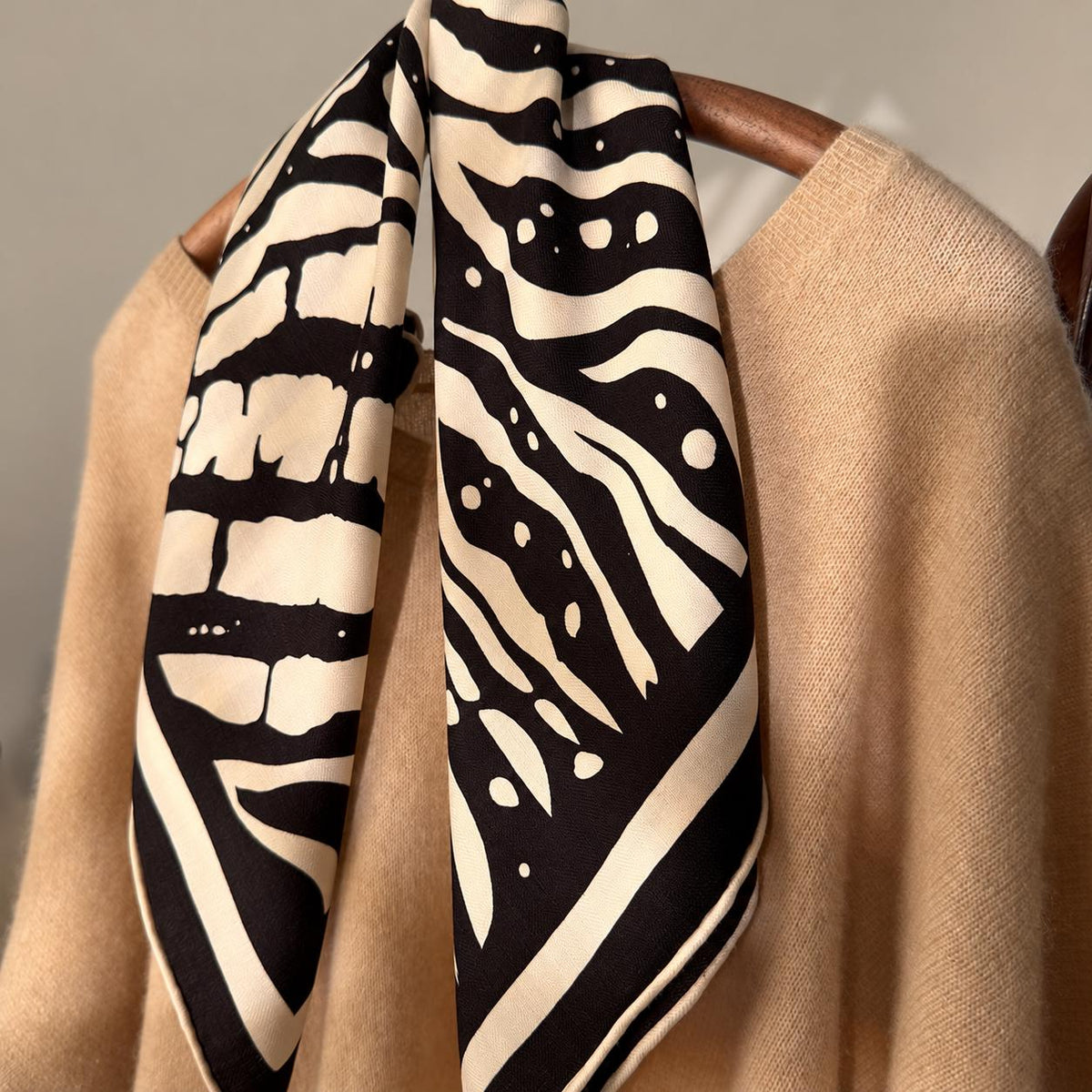 Silk Wool Scarf 26"x26" 65x65cm, Zebra Print Double Sided Scarf, French Style Silk Wool Neck Scarf, Women's Winter Accessory
