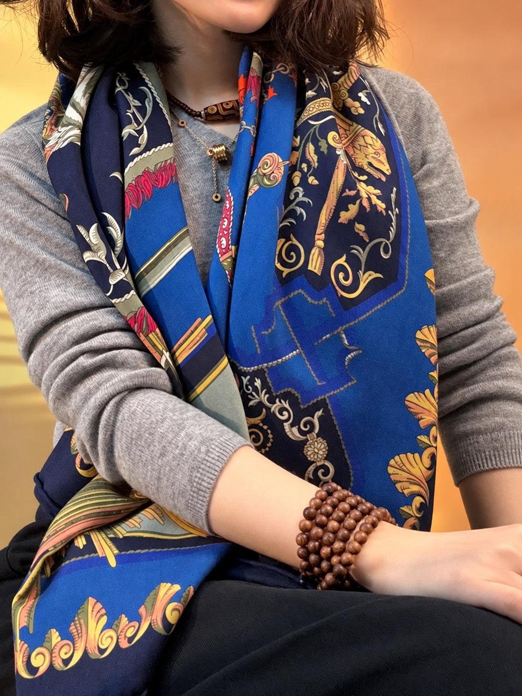 Silk Wool Scarf 53”x53” 135x135cm, Royal Blue French Court Inspired Square Scarf, Luxury Winter Shawl, Women’s Warm Wrap