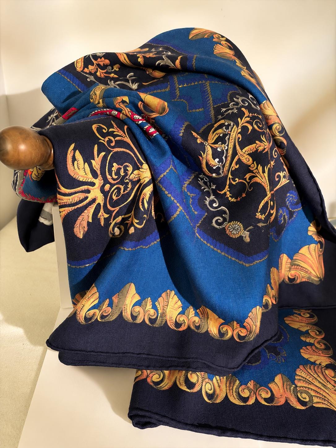Silk Wool Scarf 53”x53” 135x135cm, Royal Blue French Court Inspired Square Scarf, Luxury Winter Shawl, Women’s Warm Wrap