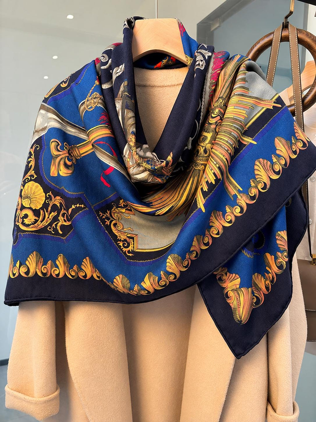 Silk Wool Scarf 53”x53” 135x135cm, Royal Blue French Court Inspired Square Scarf, Luxury Winter Shawl, Women’s Warm Wrap