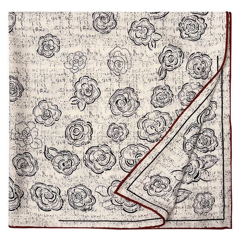 Silk Wool Scarf 35”x35” 88x88cm, Camellia Floral Square Scarf, French Inspired Vintage Silk Wool Shawl, Women’s Winter Wrap