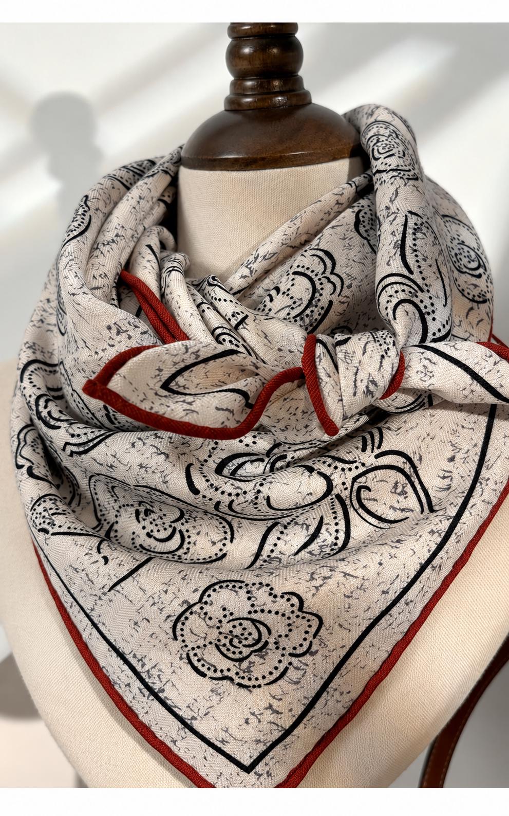 Silk Wool Scarf 35”x35” 88x88cm, Camellia Floral Square Scarf, French Inspired Vintage Silk Wool Shawl, Women’s Winter Wrap