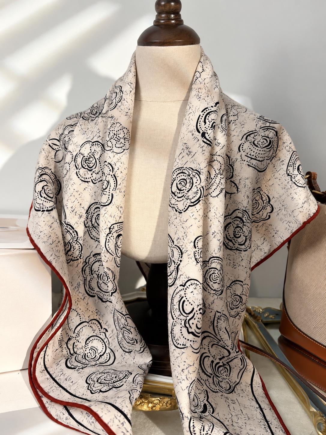 Silk Wool Scarf 35”x35” 88x88cm, Camellia Floral Square Scarf, French Inspired Vintage Silk Wool Shawl, Women’s Winter Wrap