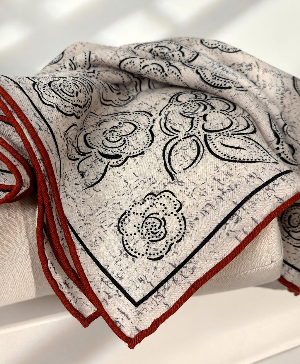 Silk Wool Scarf 35”x35” 88x88cm, Camellia Floral Square Scarf, French Inspired Vintage Silk Wool Shawl, Women’s Winter Wrap
