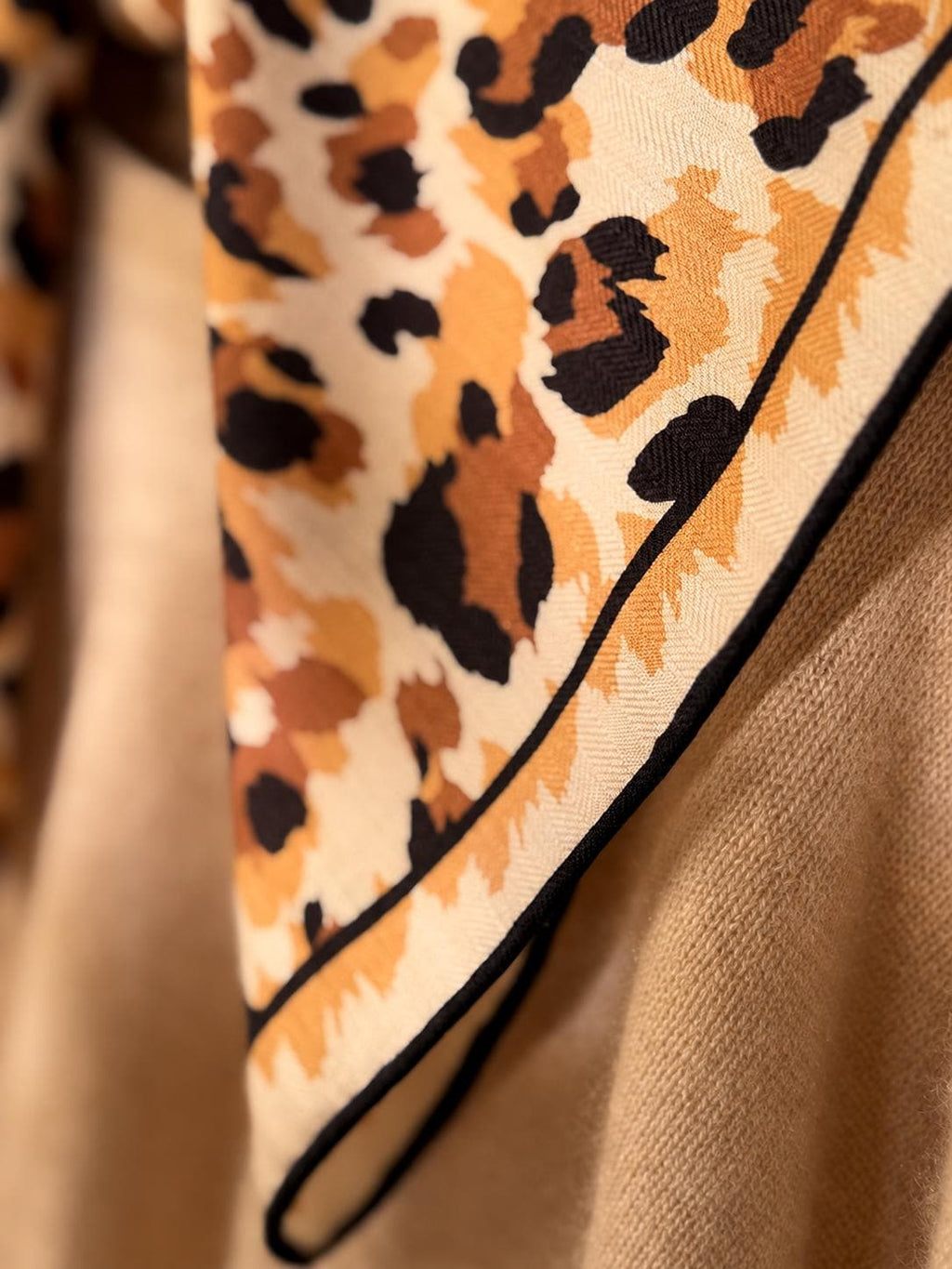 Silk Wool Scarf 35”x35” 88x88cm, Mocha Leopard Square Scarf, Italian Vintage Silk Wool Neck Scarf, Women’s Winter Accessory