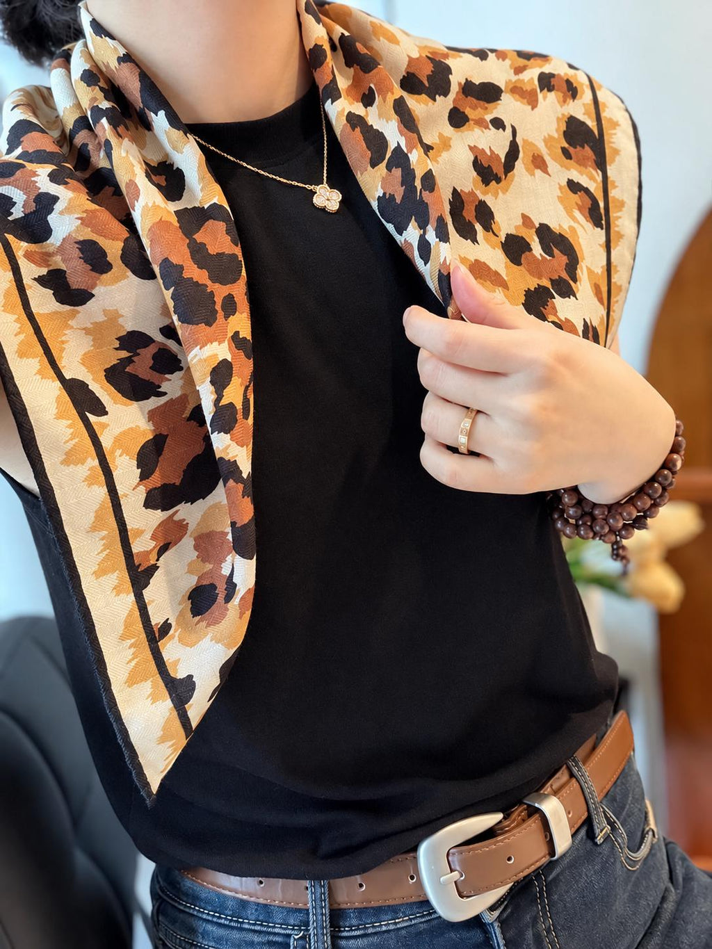 Silk Wool Scarf 35”x35” 88x88cm, Mocha Leopard Square Scarf, Italian Vintage Silk Wool Neck Scarf, Women’s Winter Accessory