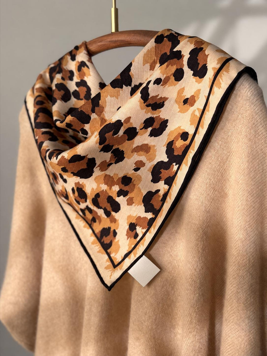 Silk Wool Scarf 35”x35” 88x88cm, Mocha Leopard Square Scarf, Italian Vintage Silk Wool Neck Scarf, Women’s Winter Accessory