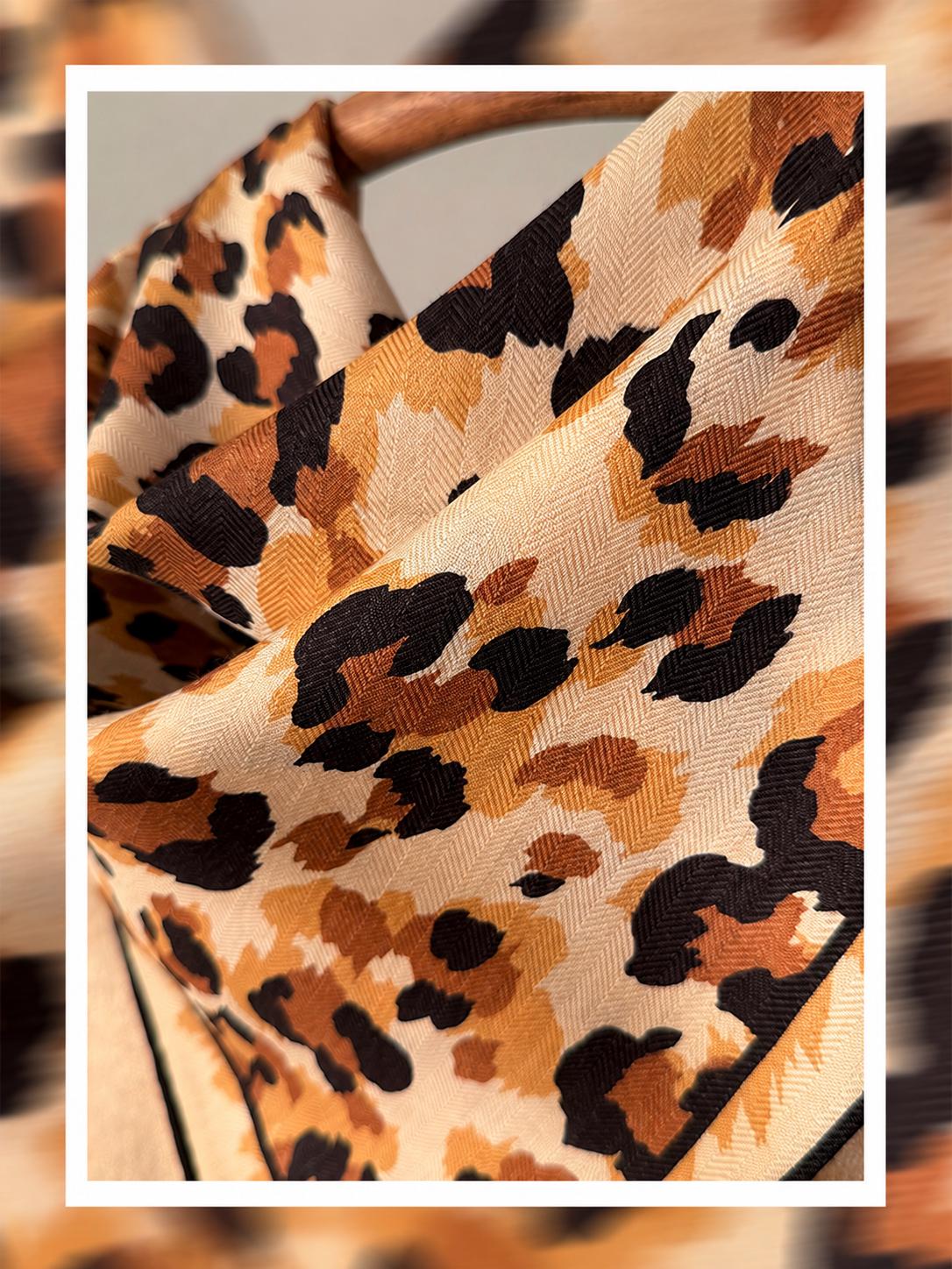 Silk Wool Scarf 35”x35” 88x88cm, Mocha Leopard Square Scarf, Italian Vintage Silk Wool Neck Scarf, Women’s Winter Accessory