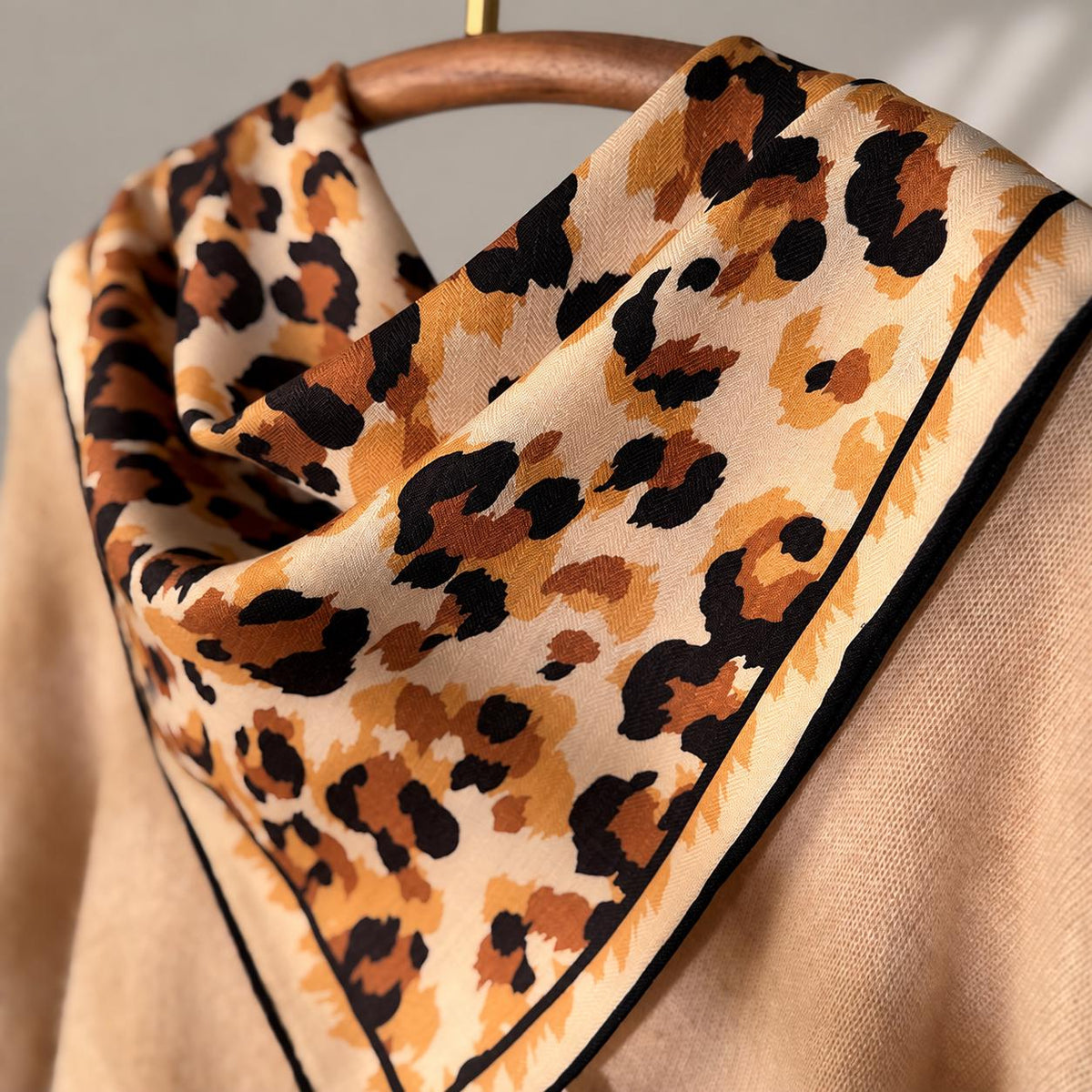 Silk Wool Scarf 35”x35” 88x88cm, Mocha Leopard Square Scarf, Italian Vintage Silk Wool Neck Scarf, Women’s Winter Accessory