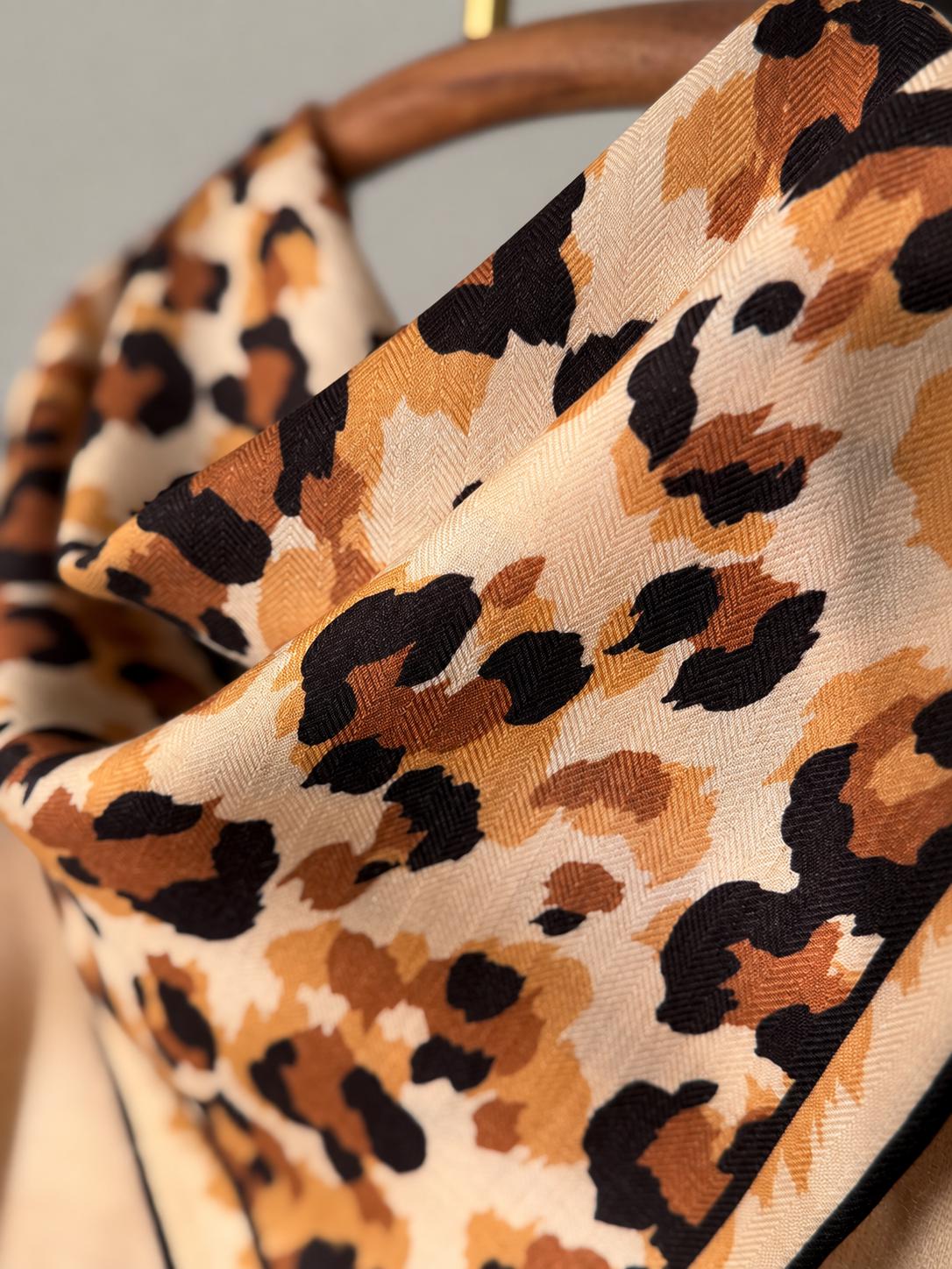 Silk Wool Scarf 35”x35” 88x88cm, Mocha Leopard Square Scarf, Italian Vintage Silk Wool Neck Scarf, Women’s Winter Accessory
