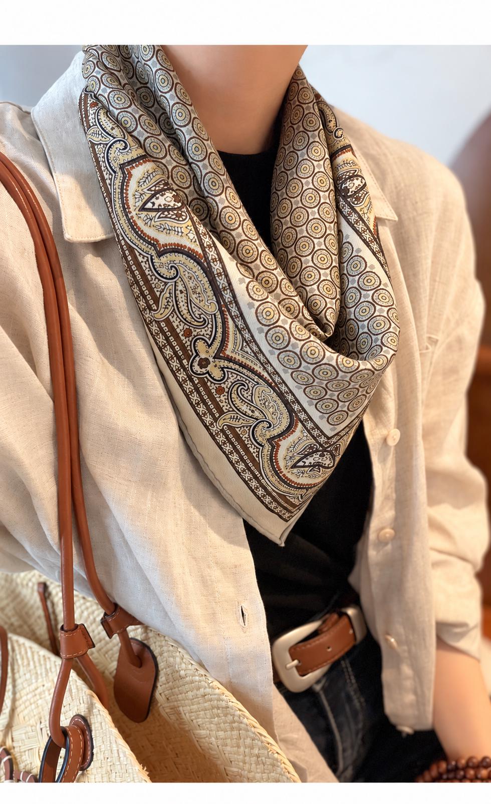 Silk Wool Scarf 26”x26” 65x65cm, Khaki Paisley Square Scarf, Vintage Silk Wool Neck Scarf, Women’s Fall Winter Accessory