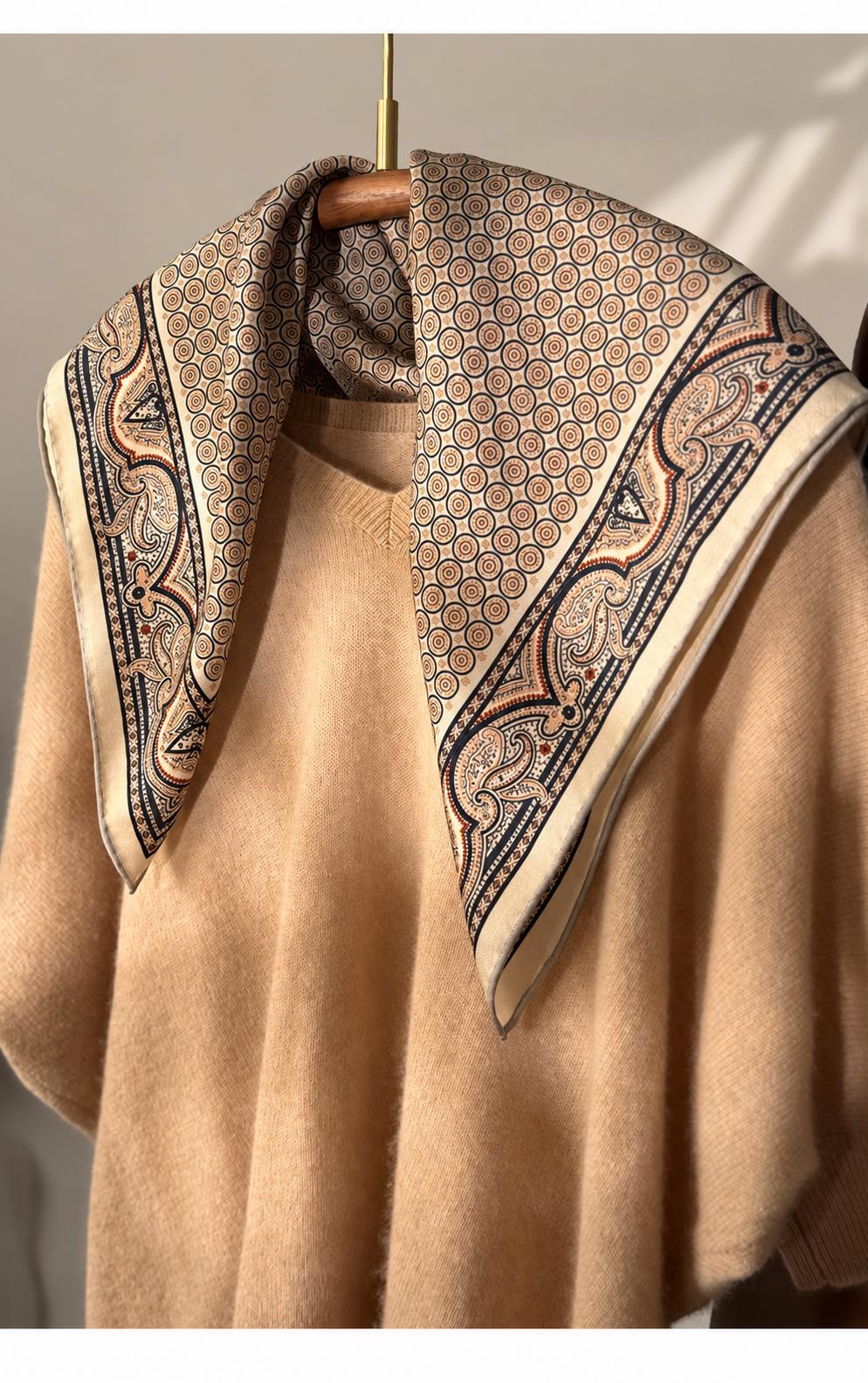 Silk Wool Scarf 26”x26” 65x65cm, Khaki Paisley Square Scarf, Vintage Silk Wool Neck Scarf, Women’s Fall Winter Accessory