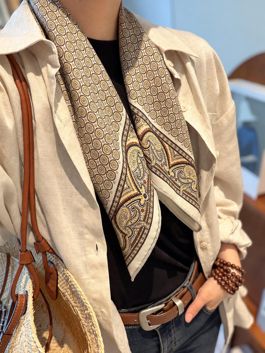 Silk Wool Scarf 26”x26” 65x65cm, Khaki Paisley Square Scarf, Vintage Silk Wool Neck Scarf, Women’s Fall Winter Accessory