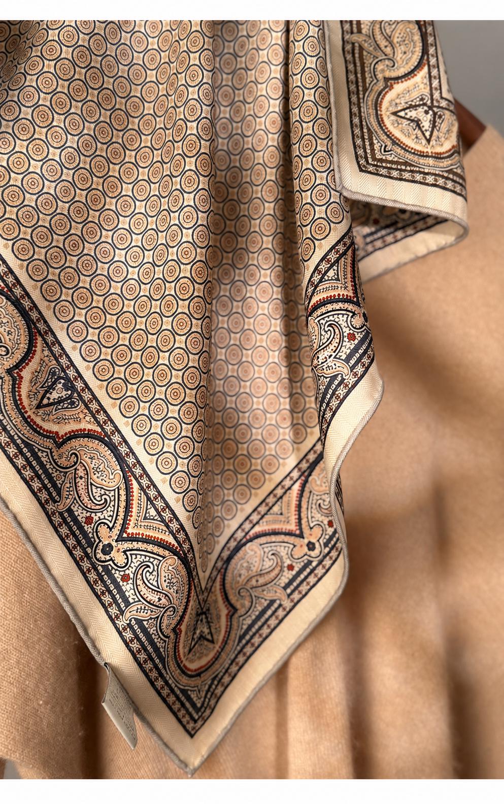 Silk Wool Scarf 26”x26” 65x65cm, Khaki Paisley Square Scarf, Vintage Silk Wool Neck Scarf, Women’s Fall Winter Accessory