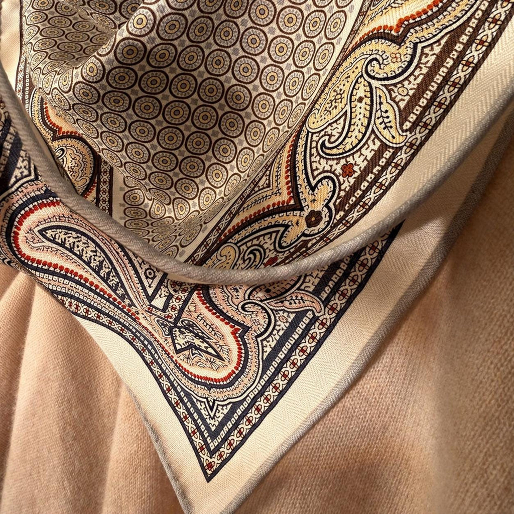 Silk Wool Scarf 26”x26” 65x65cm, Khaki Paisley Square Scarf, Vintage Silk Wool Neck Scarf, Women’s Fall Winter Accessory